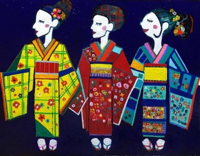 NEW!! Kimono girls  41x53cm oil on wood panel  2017 SALE/ALEXCIOUS  TOKYO